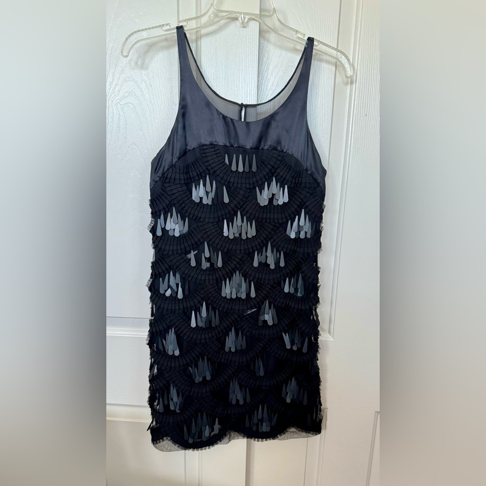 BcbgMaxAria black cocktail dress, satin and mesh, in great condition, back zip.